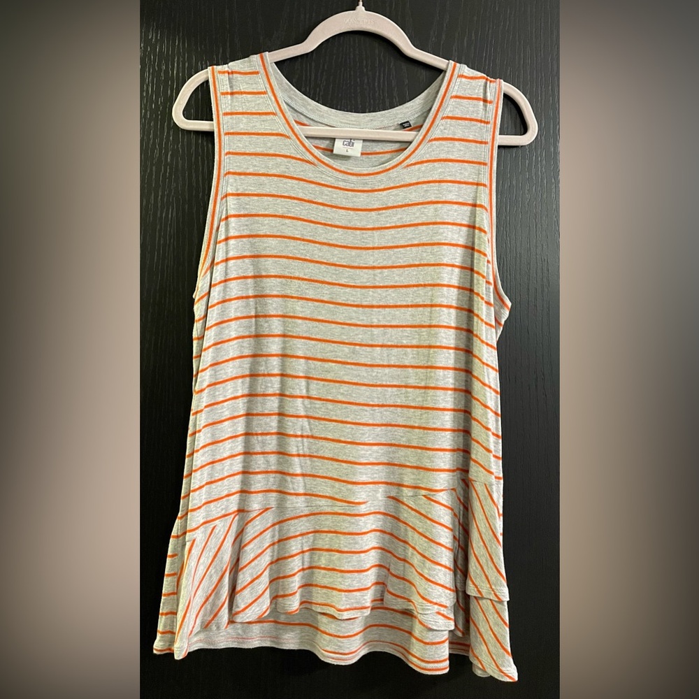 Cabi Ruffle Tank #5331, coral stripe on heather grey ruffle peplum tank
